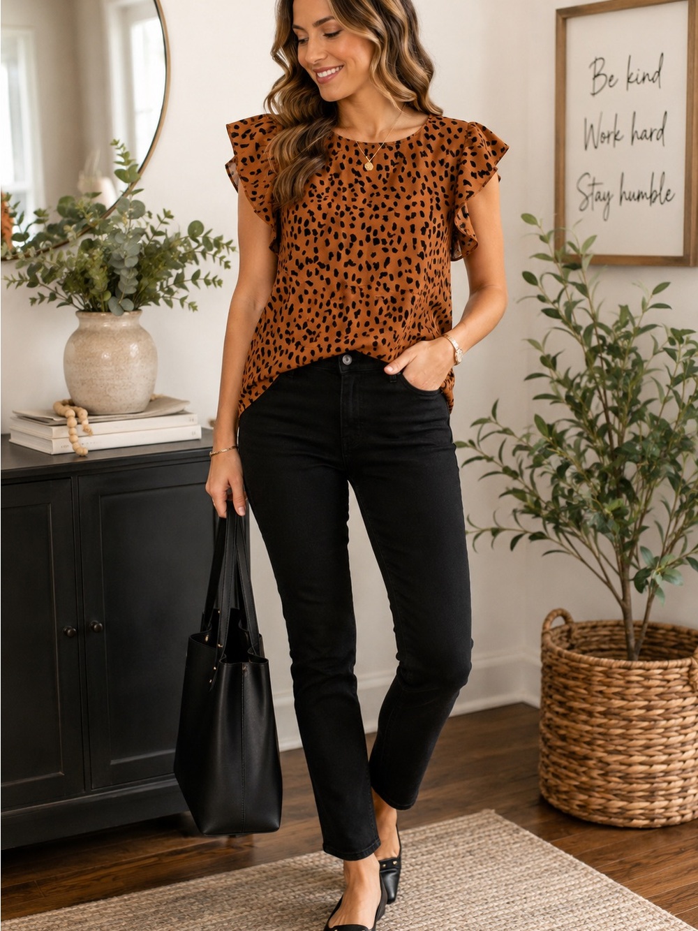 Women’s Leopard Print Ruffle Sleeve Blouse | Brown Black Animal Print Top